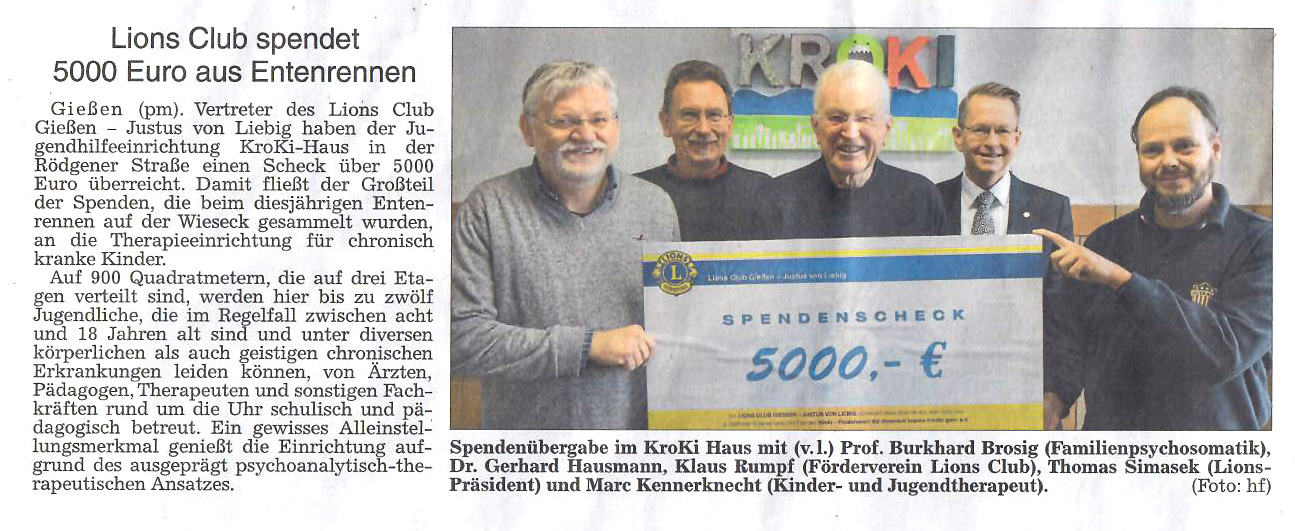 Pressebericht vom 9.12.2017, Gießener Allgemeine: Lions Club spendet 5000 Euro aus Entenrennen